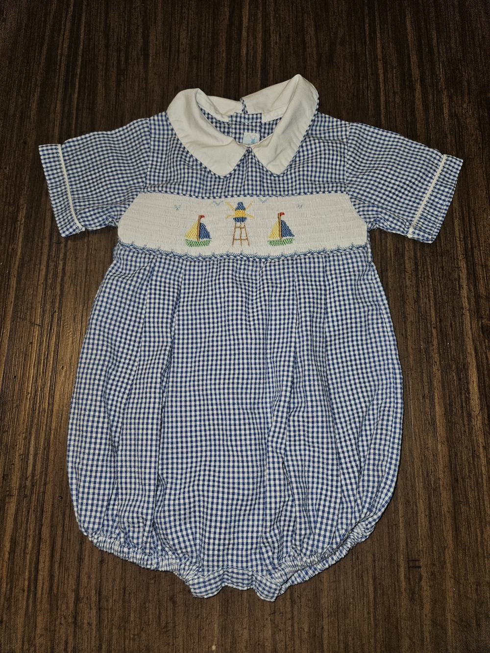 Blue Gingham Smocked Sailboat Bubble Romper - Kids